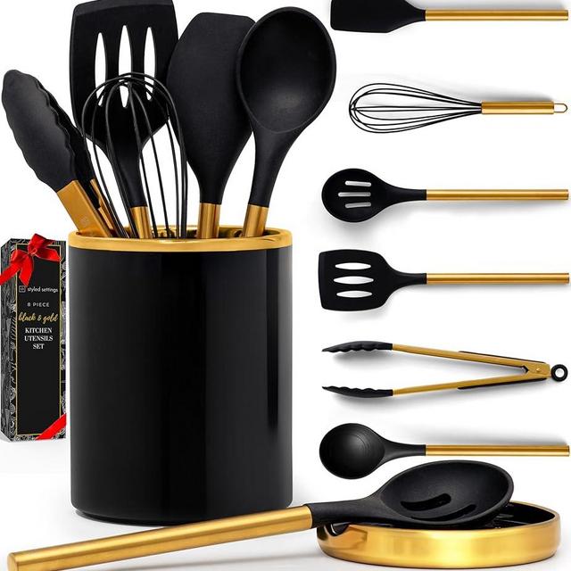 STYLED SETTINGS Black and Gold Kitchen Utensils Set – 8 Piece Silicone Cooking Utensils with Gold Handles, Black Ceramic Utensil Holder & Spoon Rest – Heat Resistant, Nonstick Safe, Sleek Storage