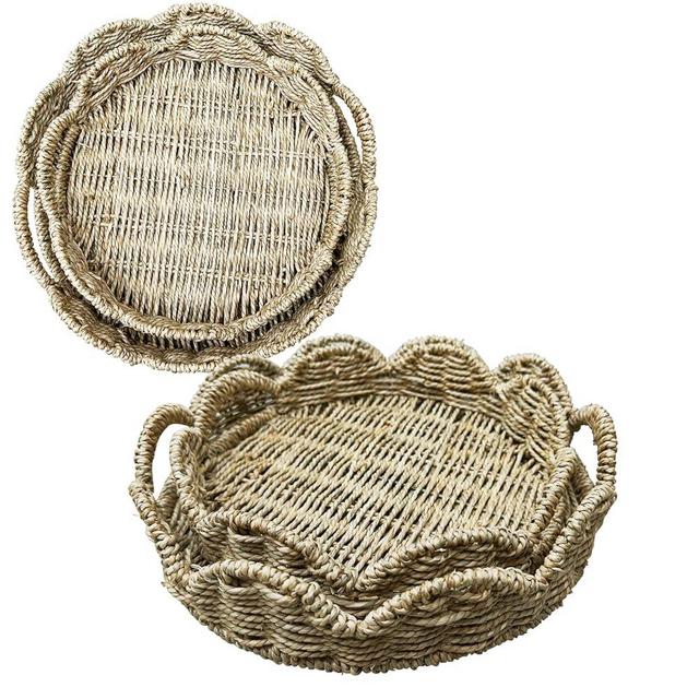 TUSAUW 2PCS Scalloped Edge Round Rattan Tray Rattan Round Serving Round Rattan Tray Hand-Woven Serving Trays with Handles Decorative Scalloped Tray for Table Décor