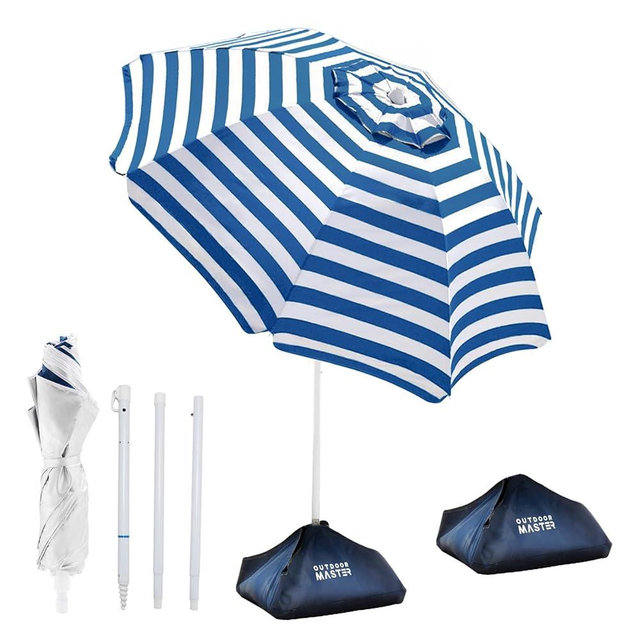 OutdoorMaster Updated Dual-Fold Beach Umbrellas for Sand with Sandbag & Anchor, 6.5ft Adjustable Umbrella for Beach Heavy Duty Wind, Portable UPF50+ Sunshade with Carry Bag for Patio, Navy Striped