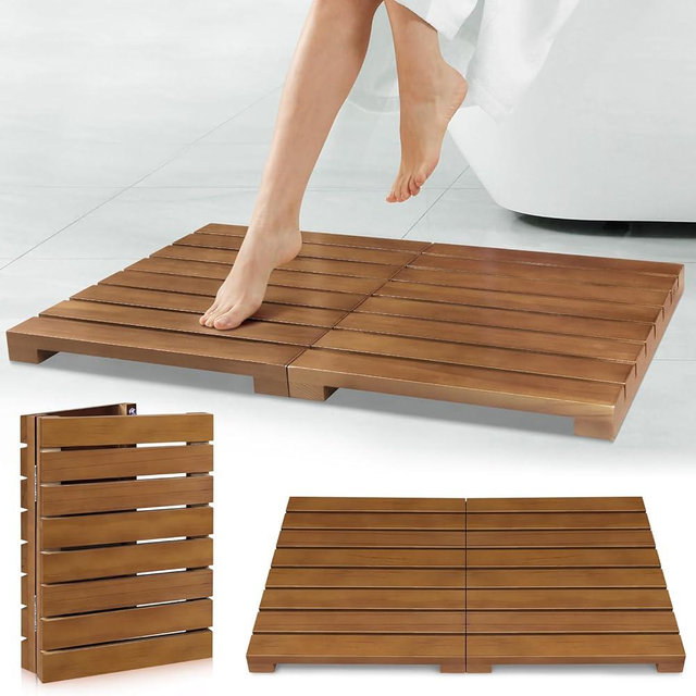 Teak Shower Mat - Foldable Wood Bath Mat, Floor Mat for Bathtub, Door, Spa, Sauna, Pool, Ideal for Indoor Outdoor