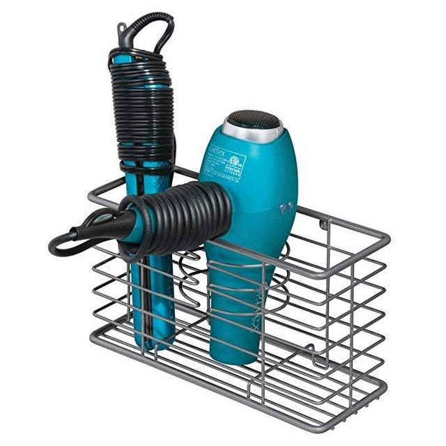 mDesign Farmhouse Metal Wire Bathroom Wall Mount Hair Care & Styling Tool Organizer Storage Basket for Hair Dryer, Flat Iron, Curling Wand, Hair Straightener, Brushes - Holds Hot Tools - Graphite Gray