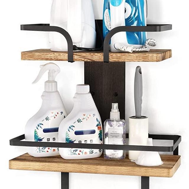 VINAEMO Ironing Board Hanger Wall Mount, 2-Layer Iron and Ironing Board Holder, Laundry Room Shelves Solid Wood with Removable Hooks Home Organization and Storage