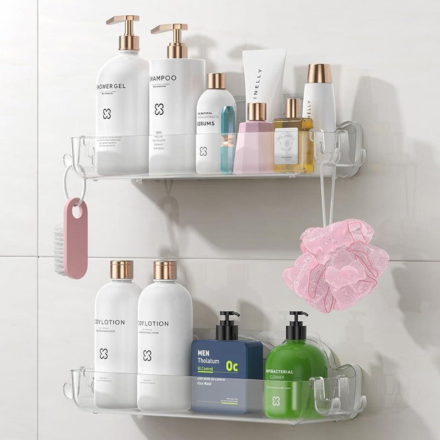 ERRJUTSS 2 Pack Acrylic Shower Caddy Adhesive, No Drilling Bathroom Shower Organizers, with 4 Removable Hooks, Wall Mounted Shower Shelves, Acrylic Shower Holder Storage for Bathroom, Dorm, Kitchen