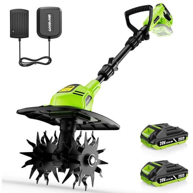 GOODJOB 20V Cordless Small Tiller with Two Batteries, 12.4LBs Feather-Light Cultivator for Seniors, 360 RPM High-Torque Rototiller with 48 Steel Tines (9" x 7") for Hard Clay