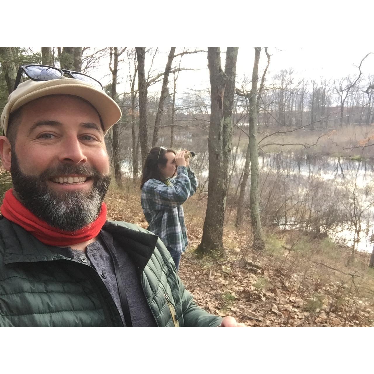 One of our first dates, walking around Reading Town Forest and watching birds!