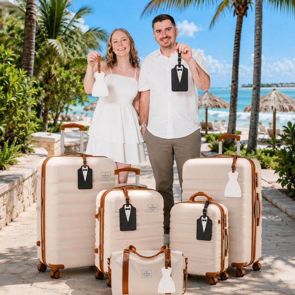 Luggage Tags for Couples, Bride & Groom Wedding Dress and Tuxedo Suitcase Tags, Luggage Tag for Honeymoon Travel, Bridal Showers, Weddings, Travel Accessories for Couples (Bride Groom Shape)