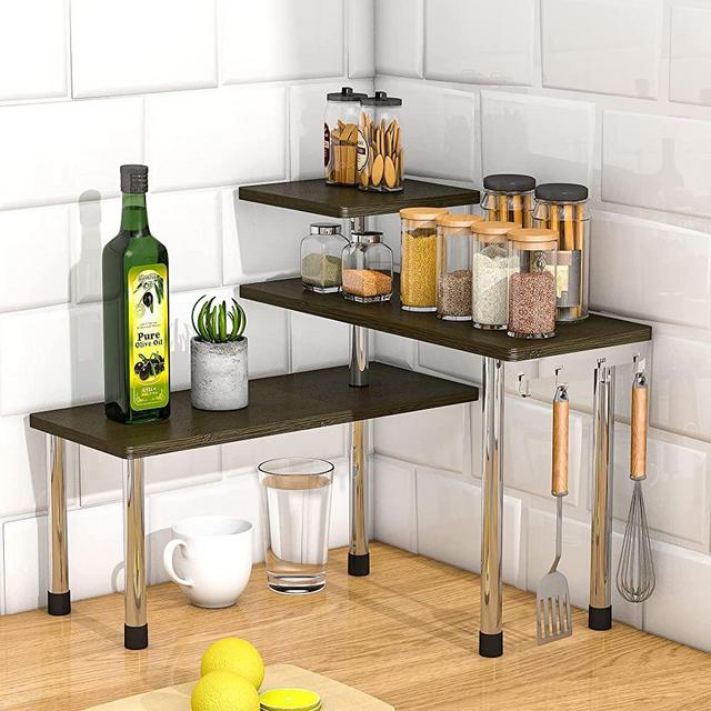Kitchen Corner Organizer Countertop Shelf - 3 Tier Bamboo & Metal Plant Stand Living Room Office, Spice Rack On Counter Shelves, Antique
