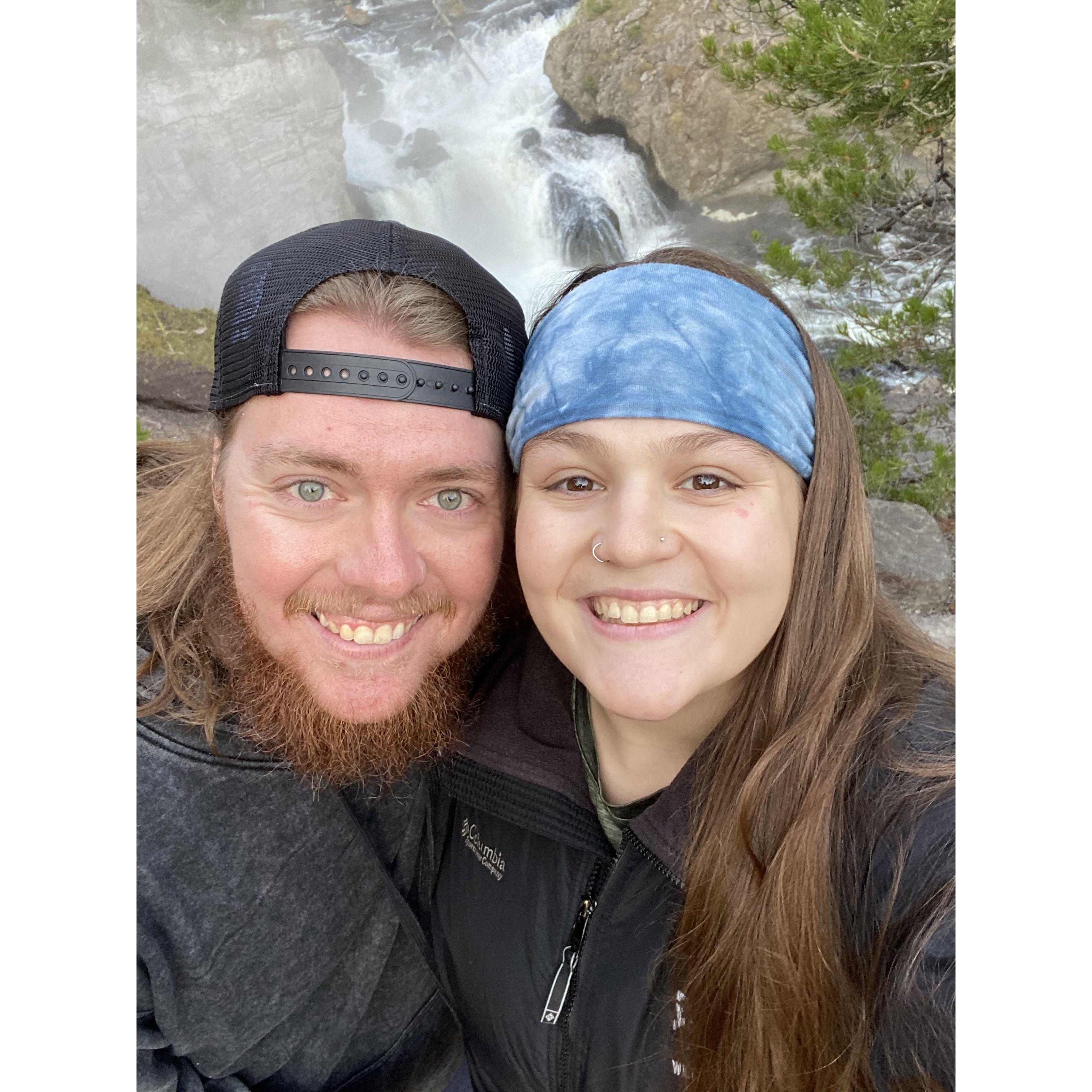 This picture was taken in front of Firehole Falls in Yellowstone after Justin proposed.