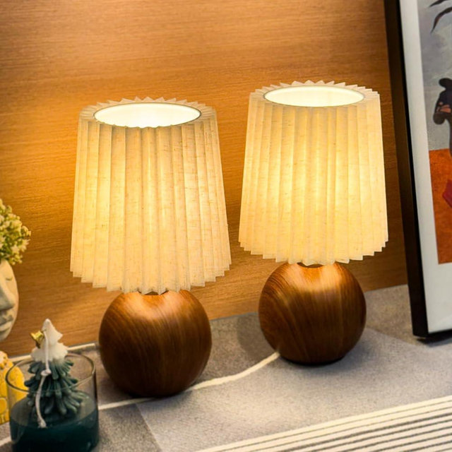 Small Pleated Table Lamp Set of 2 for Bedroom, Mini Bedside Lamps for Nightstand with Round Fabric Linen Shade, Dimmable Desk Lamp, Cute Table Lamps for Small Spaces for Living Room, Kids Room