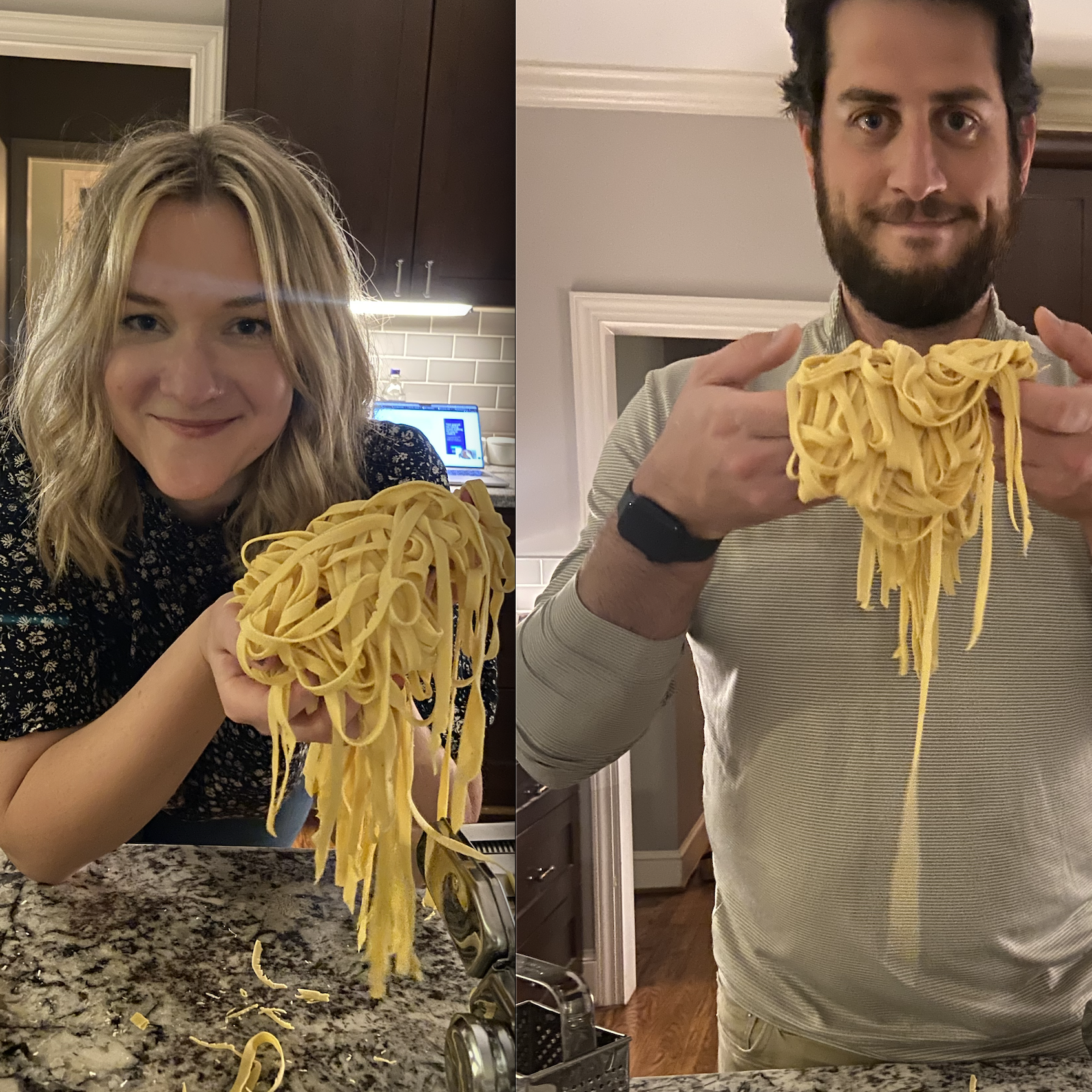 One of our first dates - we made homemade pasta. We love to cook together!