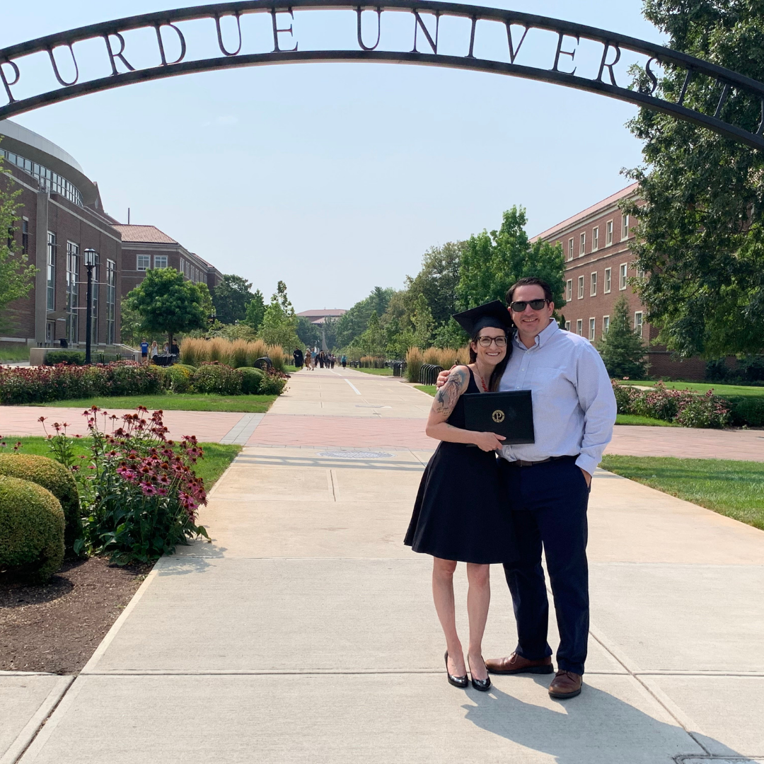 August 2021, Purdue University, West Lafayette, IN: Julie graduates from her MS Comms program!