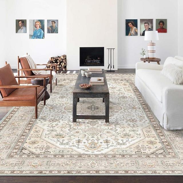 HILORUUG Washable Boho Area Rug - 9x12 Bedroom Living Room Large Indoor Rugs Soft Oriental Vintage Rugs Non-Slip Backing Stain Resistant for Farmhouse Kitchen (9x12 Ivory/Pale Green)
