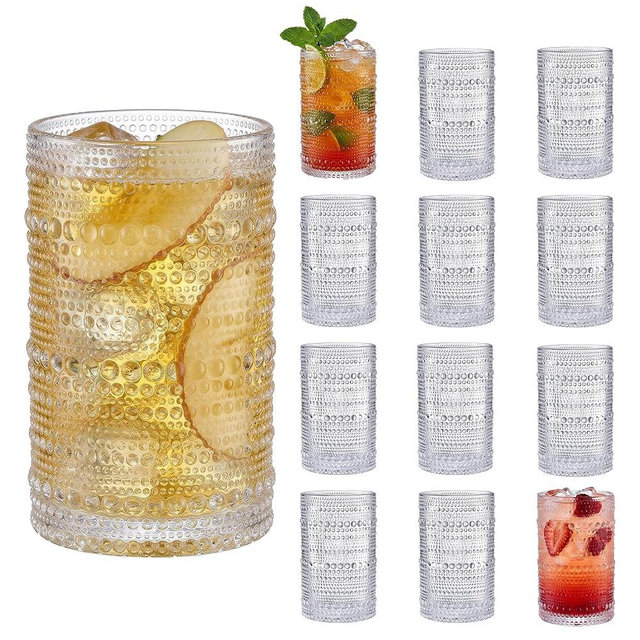 Morningrising Vintage Hobnail Drinking Glasses Set of 12, 14.71oz Cup Sets for Kitchen & Bar, Embossed Beaded Clear Textured Glasses Drinking Set for Whiskey, Cocktails, Juice,Water,Coffee, Smoothies