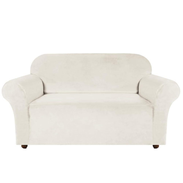 Turquoize Velvet Loveseat Covers Stretch Love Seat Couch Covers for 2 Cushion Couch Velvet Sofa Cover with Non Slip Elastic Bottom Furniture Cover Crafted from Soft Fabric (Loveseat, Cream)