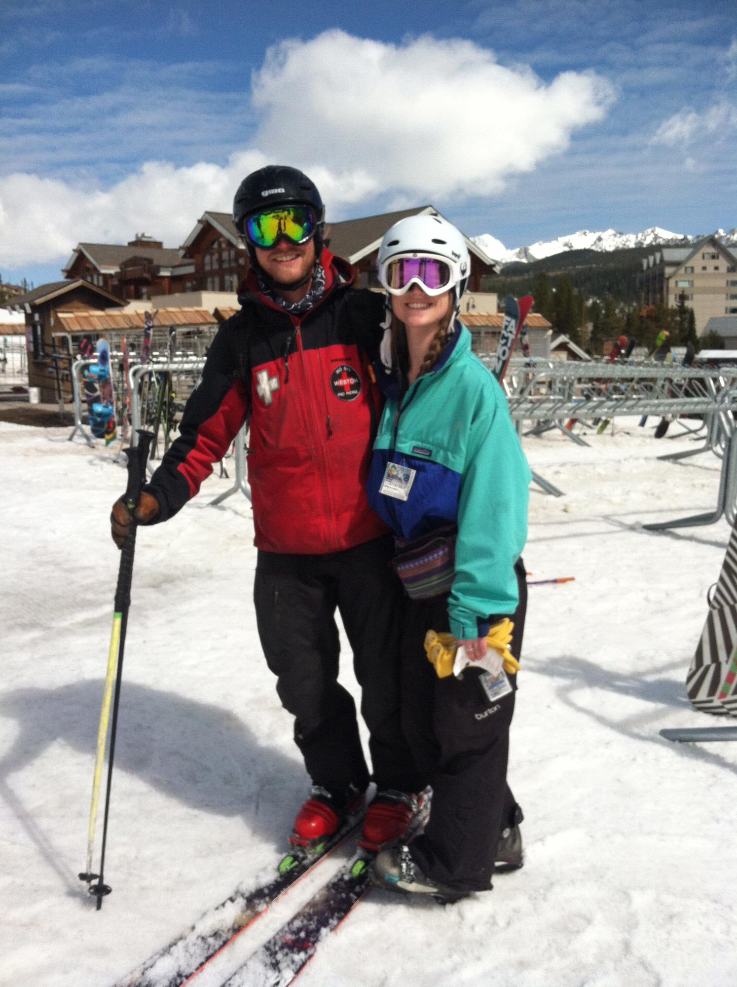 Becca, dressed like a gaper for pond skim weekend, poses with the handsome ski patroller Petty
Big Sky, MT