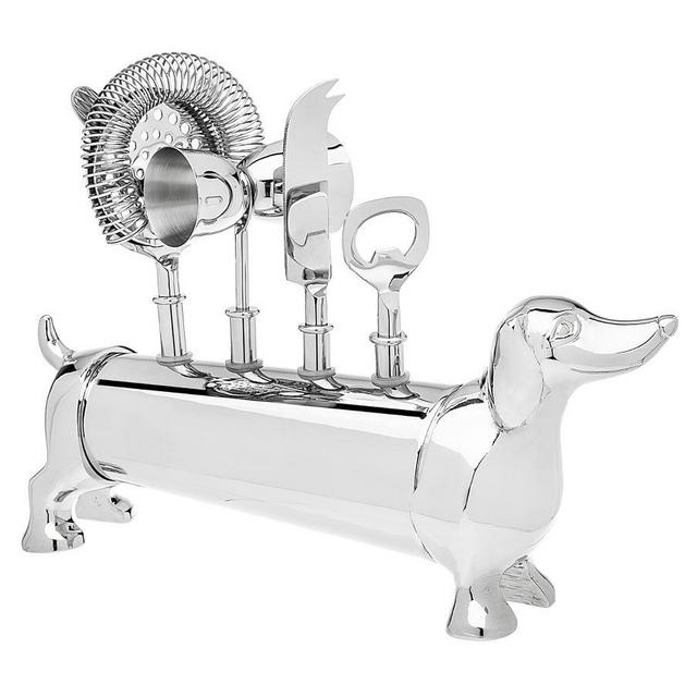 Dachshund 5-Piece Bar Tool Set (Stand, Double Jigger, Strainer, Bottle Opener, Bar Knife)