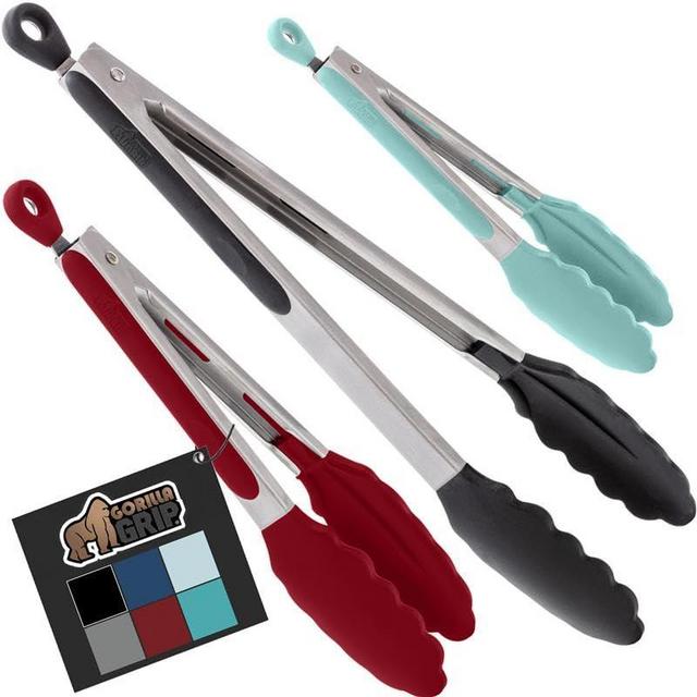 GORILLA GRIP Stainless Steel Heat Resistant Kitchen Tongs for Cooking, 7 + 9 + 12 Inch Set of 3 BBQ Tong, Non Scratch Silicone Tip for Pans, Strong Grip, Grab Food, Pull Lock, Black Mint Red
