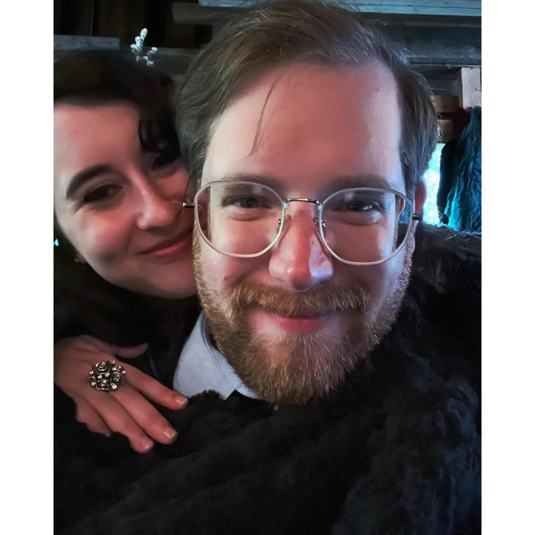 Bundled up on a cold early spring evening.  Luckily there was enough blanket for a bat hug and selfie opportunity.