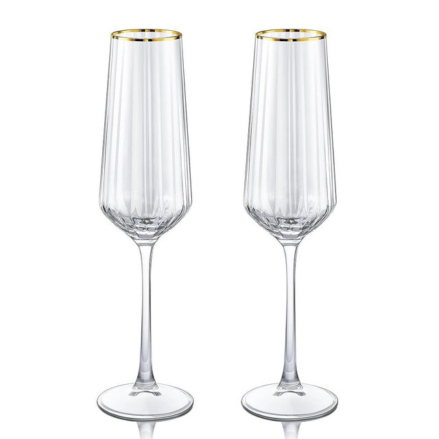 Joeyan Hand-Blown Crystal Champagne Flutes Glasses,Gold Rimmed Toasting Goblet Cups,Striped Wine Glasses Stemware for Wedding Anniversary Birthday Party,Set of 2,9 oz