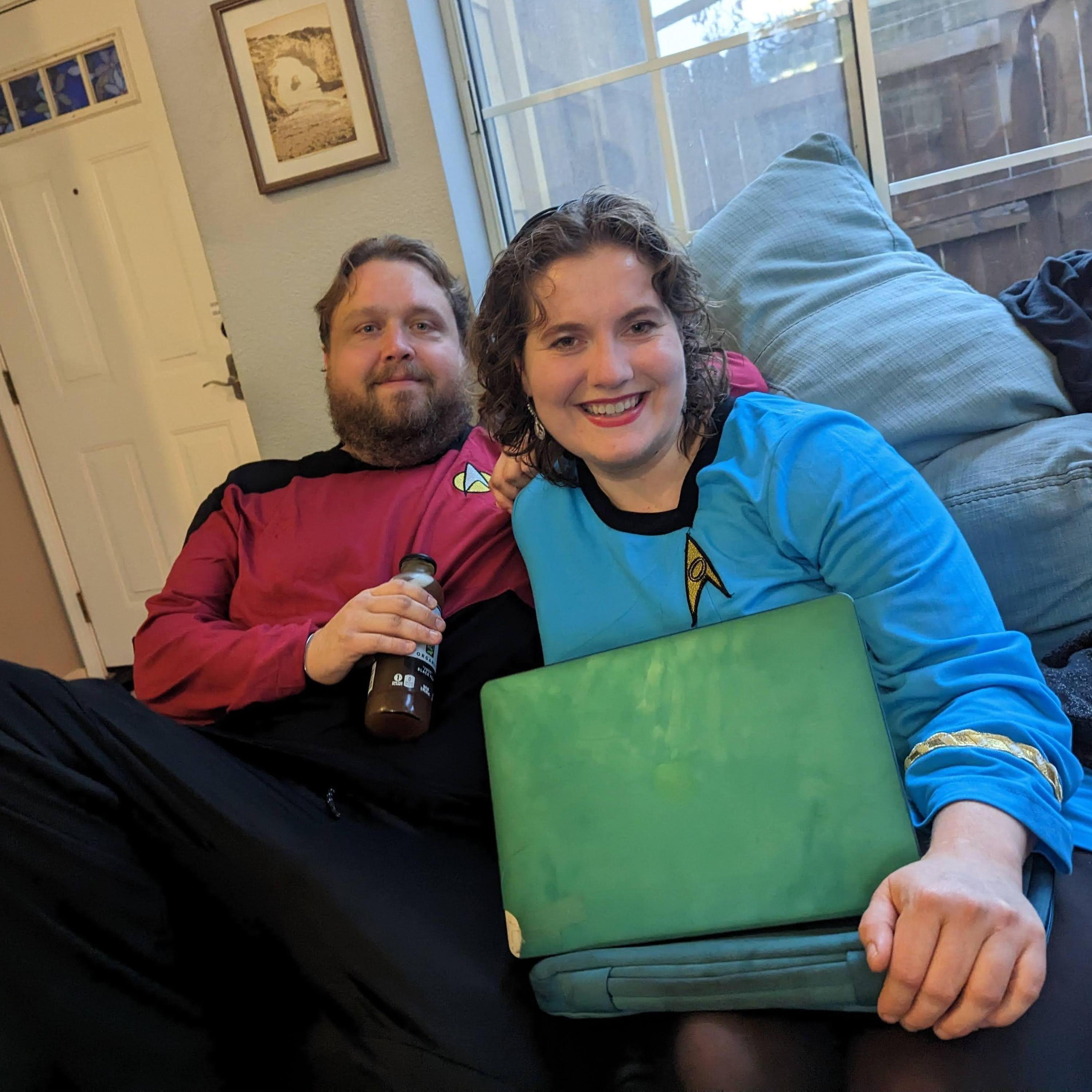 Brian's friend Bill's 40th Birthday. Christina went with the TOS outfit, while everyone else went with TNG, because it's actually quite difficult to find TNG skants for science officers.