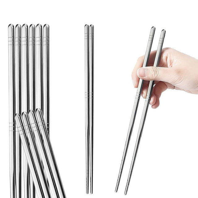 Tiokin Premium Reusable Stainless Steel Chopsticks - 5 Pairs, 9.5 Inch, Square, Non-Slip, Dishwasher Safe, Use for Home, Kitchen, Hotel, Restaurant
