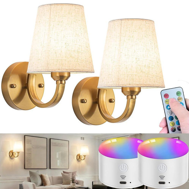 YHCDLAMP Battery Operated Wall Sconces Set of Two, Indoor Wireless Wall Mounted Lamp with 10000mAh Dimmable Bulb and Remote, RGB Colors Rechargeable Wall Light for Bedroom Living Room Decor
