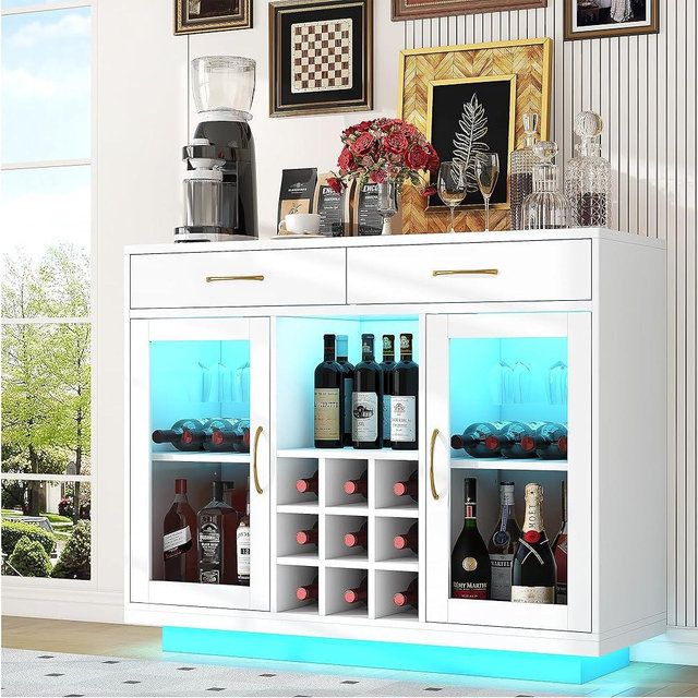 knoworld Wine Bar Cabinet with LED Lights, Liquor Cabinet with Wine and Glass Rack, Wine Cabinet Coffee Bar Cabinets, Kitchen Buffet Sideboard with Storage for Living Room, Dining Room