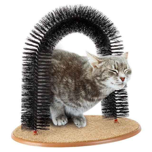 Cat Self-Groomer - Bristle Ring Brush Cat Arch with Carpeted Base, Back Scratcher and Massager for Controlling Shedding and Claws by PETMAKER (Black)