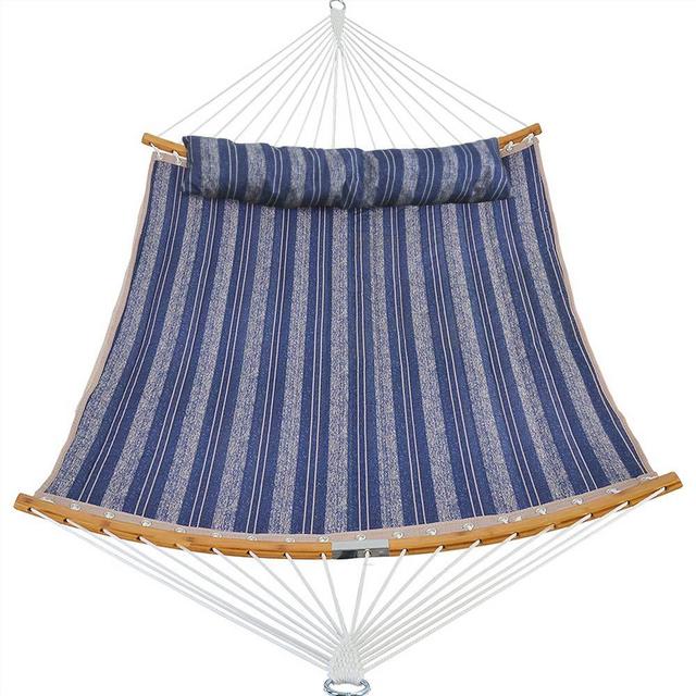 Patio Watcher 11 Feet Quilted Fabric Hammock with Curved-Bar Bamboo and Detachable Pillow, Double Hammock Perfect for Patio Yard Blue Stripes
