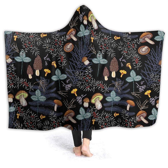 Mushroom Hooded Blanket Mushrooms Gifts for Women Soft Fleece Flannel Dark Wild Forest Mushrooms Throw Wearable Blanket All Season Plant Blankets for Bed Decorative 80"x60" for Audlt