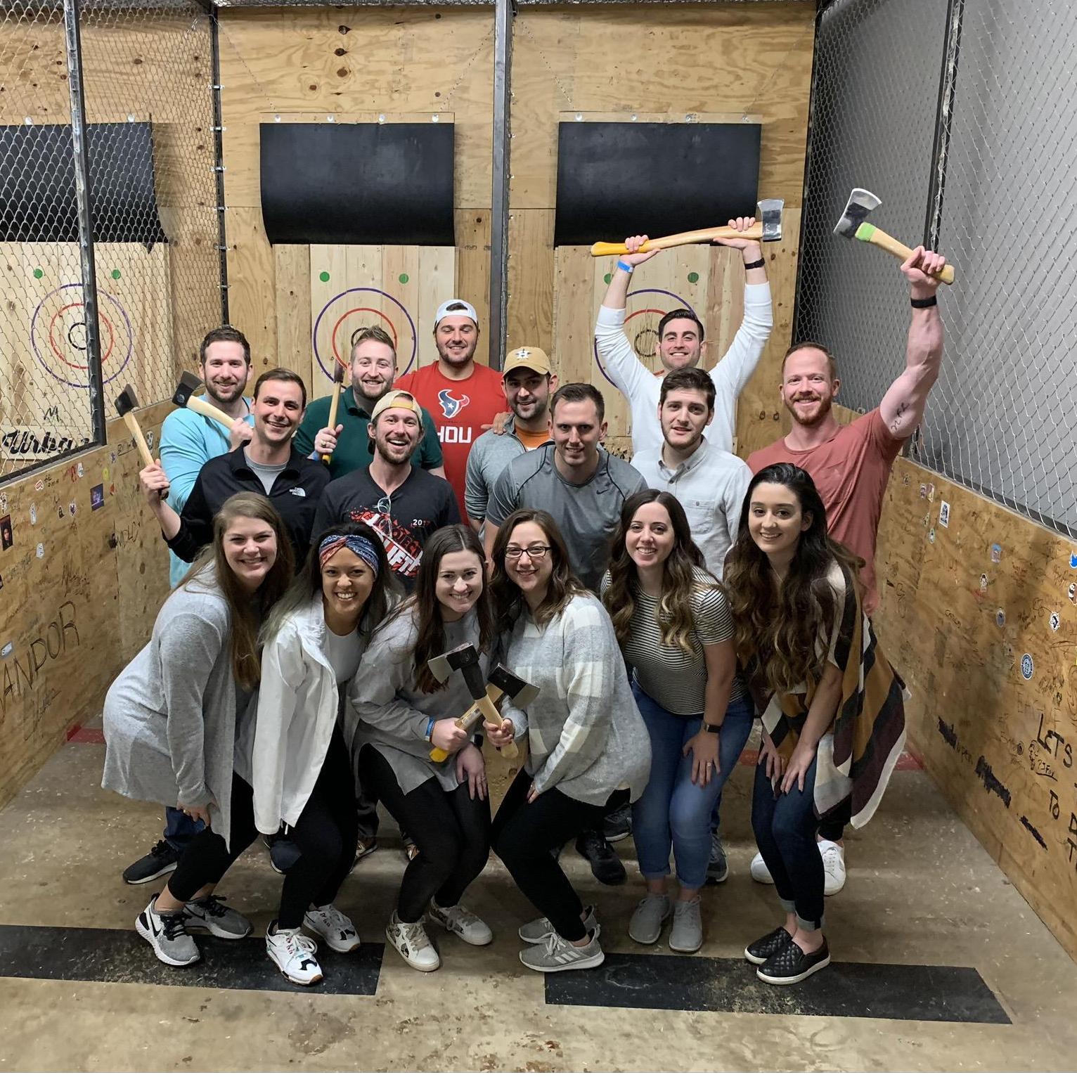 Our first photo together was during axe throwing for Jordan and Steph's bachelor/bachelorette weekend.