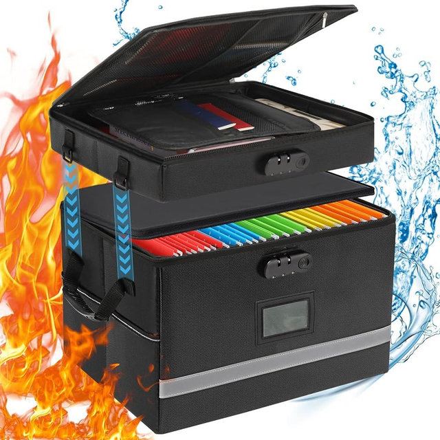 EXLIFBAG 2 Layer File Box with Lock, Portable Document Organizer Box with Handle, Fireproof File Box for Home Office, Legal File Organizer Storage