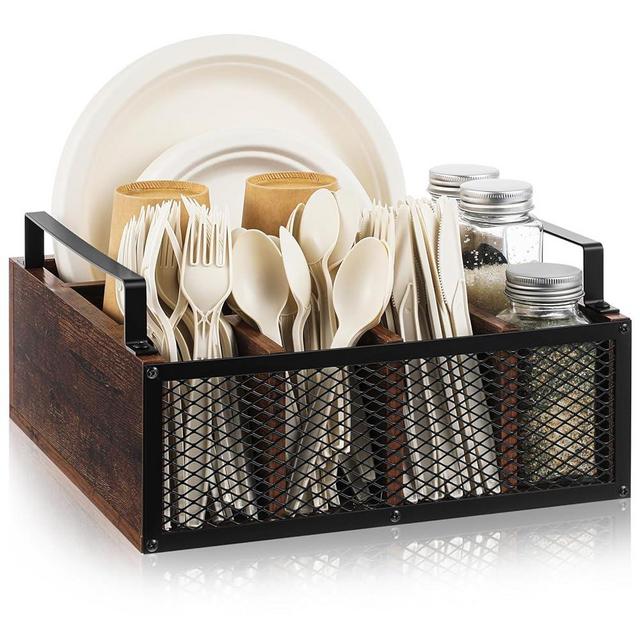 Mimorou Wooden Paper Plate Dispenser Utensil Holder Kitchen Counter Cutlery Flatware Organizer for Party Utensil Caddy Paper Plate Holder for Cups Spoons Forks Napkins, Kitchen Accessories