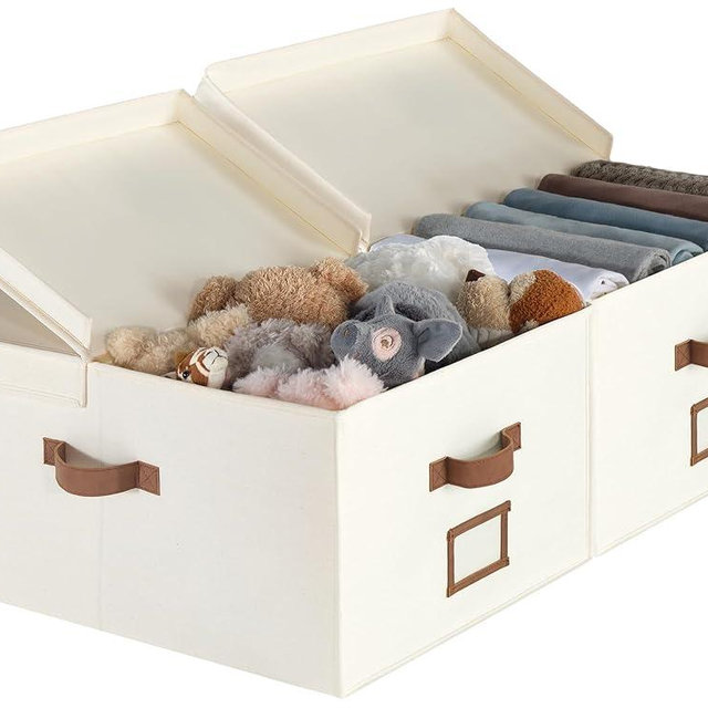 StorageWorks Extra Large Clothes Storage Bins, 55L Fabric Storage Baskets with Double-Open Lid and Divider Board, Storage Bins for Clothes, Closet Storage Organizers with Handles, Ivory White, 2-Pack