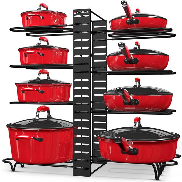 Pot and Pan Organizer for Cabinet, Adjustable 8 Non-Slip Tiers Pot Rack Organizer with 3 DIY Methods, Kitchen Under Cabinet Organizer Rack for Pots and Pans, Black Steel Cookware Organizer (UPGRADED)