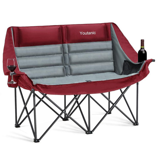 Youtanic Oversized Camping Chair, Double Folding Loveseat Camping Couch with Pocket, Cup Holder and Carry Bag, Heavy Duty Portable Camping Chairs for Adults, Fishing, Sports, Trip, up to 660lbs, Red