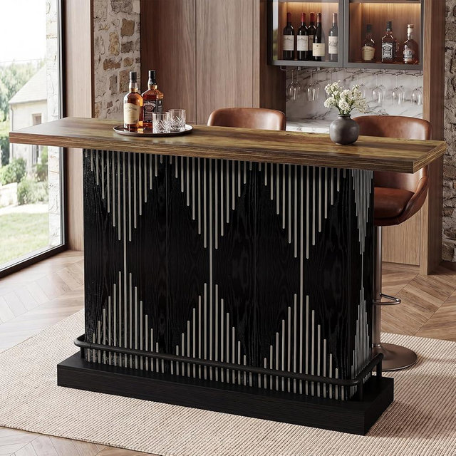 Tribesigns 63" Bar Table, Sturdy Modern Counter Height Pub Table with 2-Tier Storage Shelf and Metal Footrest, Rectangular Wood Home Bar Unit for Kitchen, Living Room, Black