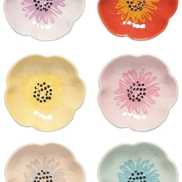 Now Designs Flower Shaped Ceramic Pinch Bowl Set, Soy Sauce Dish, Set of 6