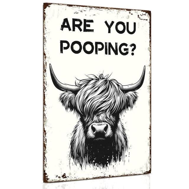 ALKB Funny Highland Cow Are You Pooping Metal Signs Vintage Farmhouse Bathroom Wall Decor Highland Cow Lovers Gift 8 x 12 Inch