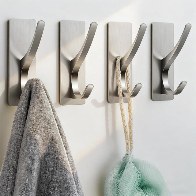 Josmimic Self Adhesive Towel Hooks: Extra Strong 13LB, Stainless Hook for Hanging Loofah, Towels, Coat, Bath Robe Bathroom Shower, Brushed Nickel, 4 Pack