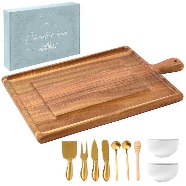 Grazerie Charcuterie Board Gift Set - Acacia Serving Board with Handle and Complete Knife Set with Bowls for Entertaining - 10 Piece Set for House Warming Wedding Gift