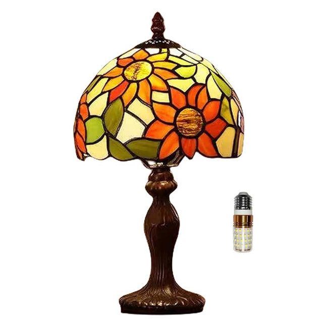 tuomoxte Tiffany Table Lamp,3 Color-Temperature Sunflower Stained Glass Lamp,8X8X15 Inch Small Accent Antique Nightstand Bedside Table Lamps for Bedroom Living Room Home Office Light +LED Bulb