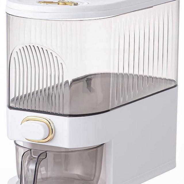 Sooyee 20Lbs Rice Dispenser, Large Grain Container Storage with Lid Measuring Cylinder Moisture Proof Household Cereal Dispenser Bucket for Kitchen Soybean Corn,Clear and White