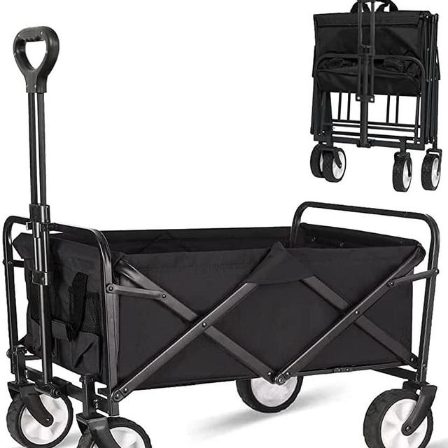 Beach Cart Large Capacity, Heavy Duty Folding Wagon Portable, Collapsible Wagon for Sports, Shopping, Camping (Black, 1 Year Warranty)