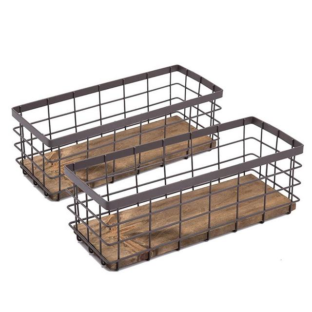 Small Metal Wire Storage Basket, Detachable Wood Base Storage Organizer Bin Basket for Kitchen Cabinets, Bathroom, Pantry, Garage, Laundry Room - Brown (2 Pack)