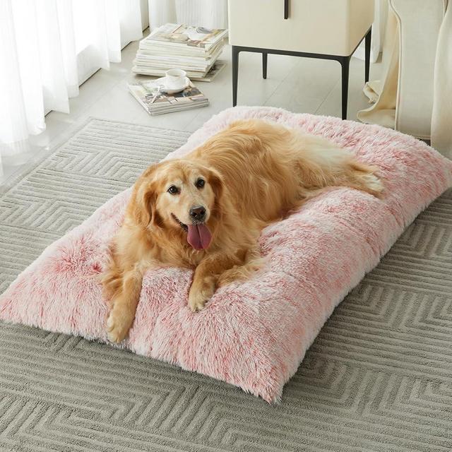 BFPETHOME Dog Beds for Large Dogs, Plush Dog Crate Bed Fluffy Cozy Kennel Pad for Sleeping &Ease Anxiety, Washable Dog Mats with Anti-Slip Bottom for Large Medium Dogs (48(48 x 29 inch, Pink)