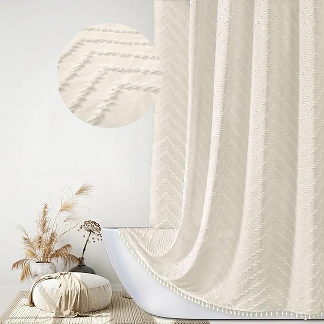 Siiluminisoy Boho Farmhouse Shower Curtain Woven Fabric Cute Cream Shower Curtain, 72 x 72 Tufted Chevron Textured Striped Modern Farmhouse Minimalist Shower Curtain Set with Hooks for Bathroom