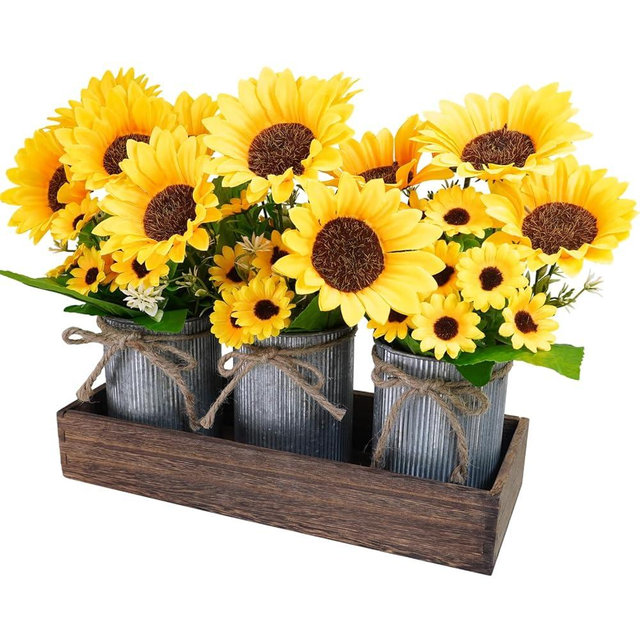 Winlyn Set of 3 Artificial Sunflowers Metal Pot Centerpiece Farmhouse Sunflowers Floral Arrangements with Rectangle Wooden Planter 11" for Rustic Wedding Spring Summer Home Kitchen Table Shelf Décor
