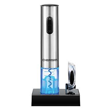 Chefman Electric Wine Opener with Foil Cutter, Automatic Corkscrew and Foil Remover, One Touch Wine Bottle Opener with Rechargeable Battery and Charging Stand, Stainless Steel 110/240V