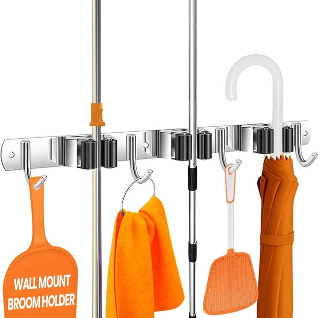 The Good Stuff Compact Mop and Broom Holder Wall Mount – Stainless Steel Organizer with 3 Racks and 2 Hooks – Rust-Resistant, Space-Saving Tool Hanger for Closet, Kitchen, Garage, or RV